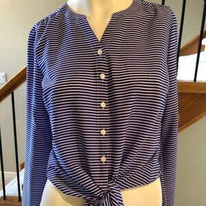 Talbots Lg Slv Button Down Striped Shirt w Waist Tie Purple + White Sz SP NWT